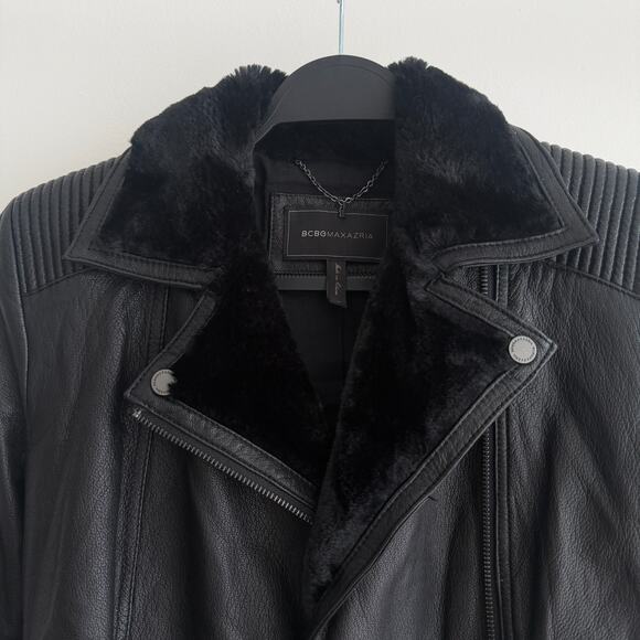 BCBG Maxazria Leather Bomber Jacket Womens Medium Black Moto NO ZIPPER Faux Fur - Picture 8 of 13